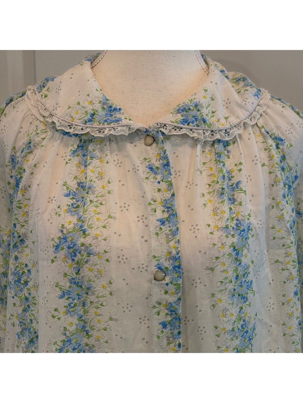 Vintage Floral House Dress Robe Duster Blue White Cottagecore Granny - Picture 3 of 4